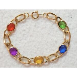 Vtg Bezel Set Crystal Glass Bracelet Goldtone Chain Blue Red Purple Green 7.5"